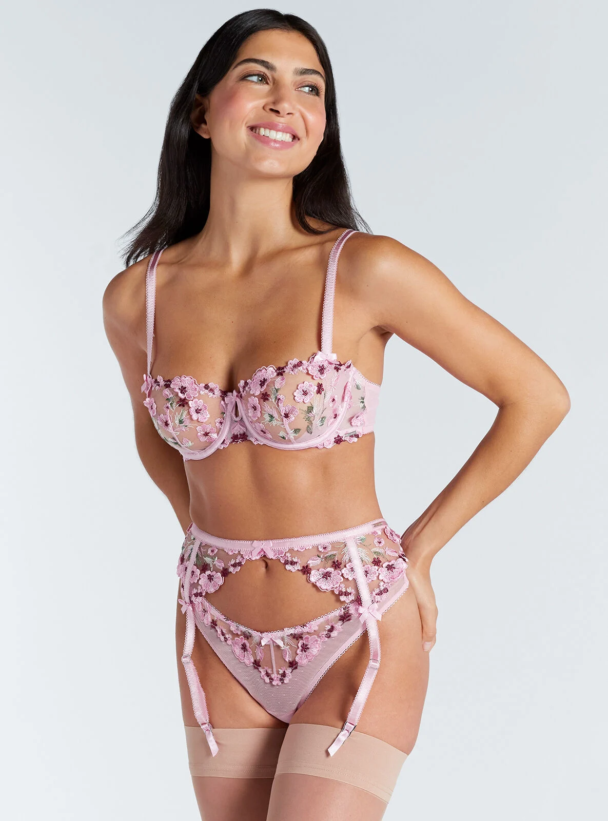 Evelyn embroidered suspender belt - Pink Mix