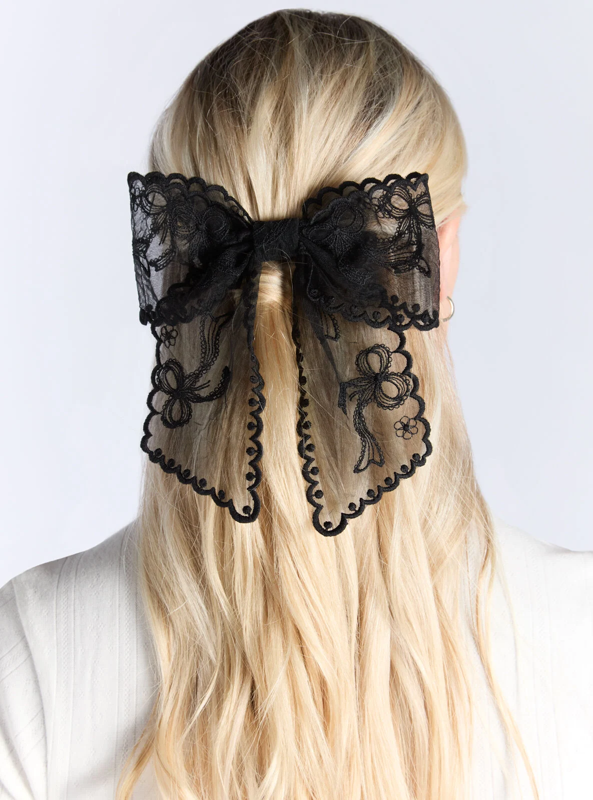 Oversized embroidered bow hair clip - Black