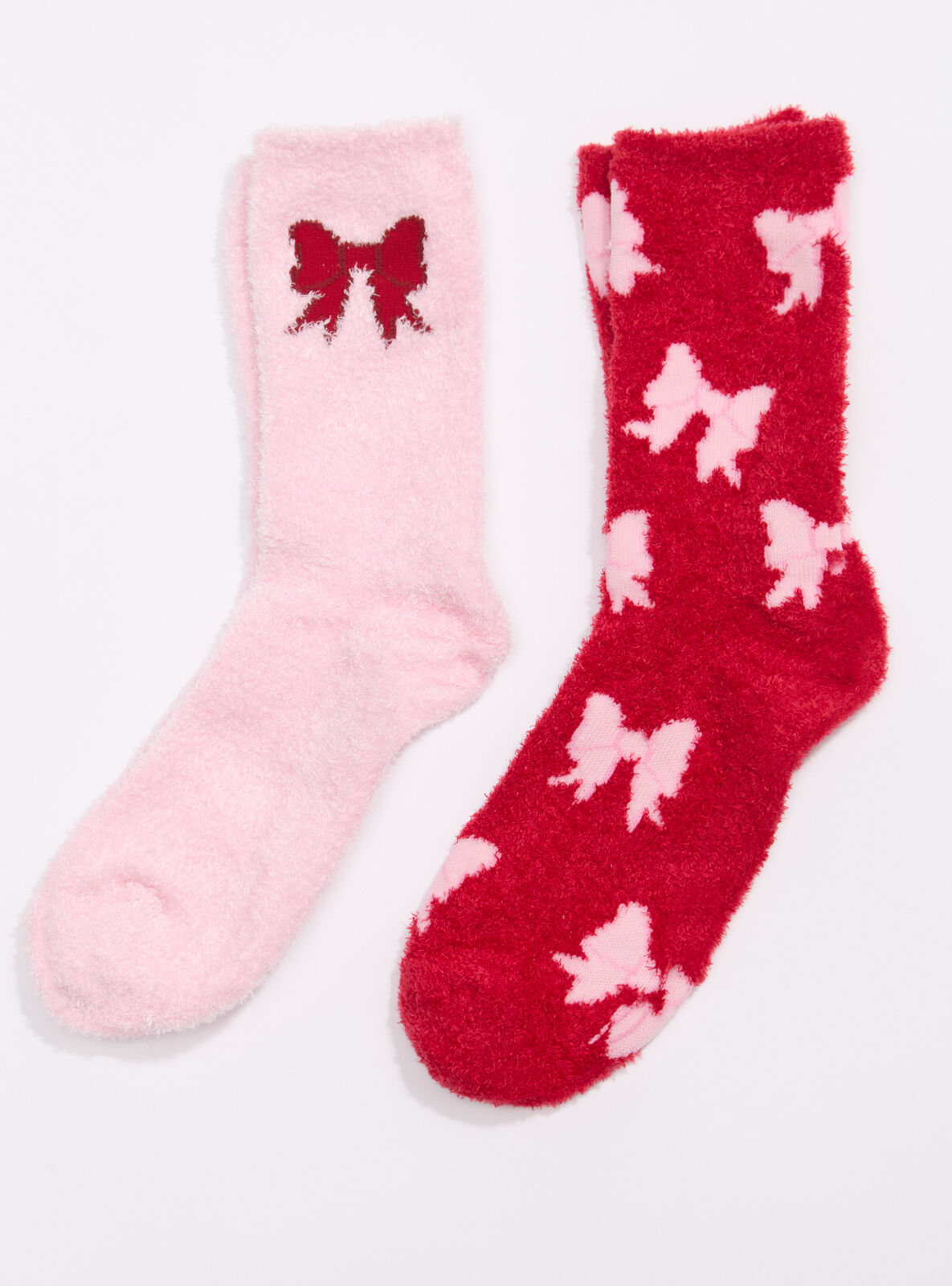 2 pack bow fluffy ankle socks - Red Mix