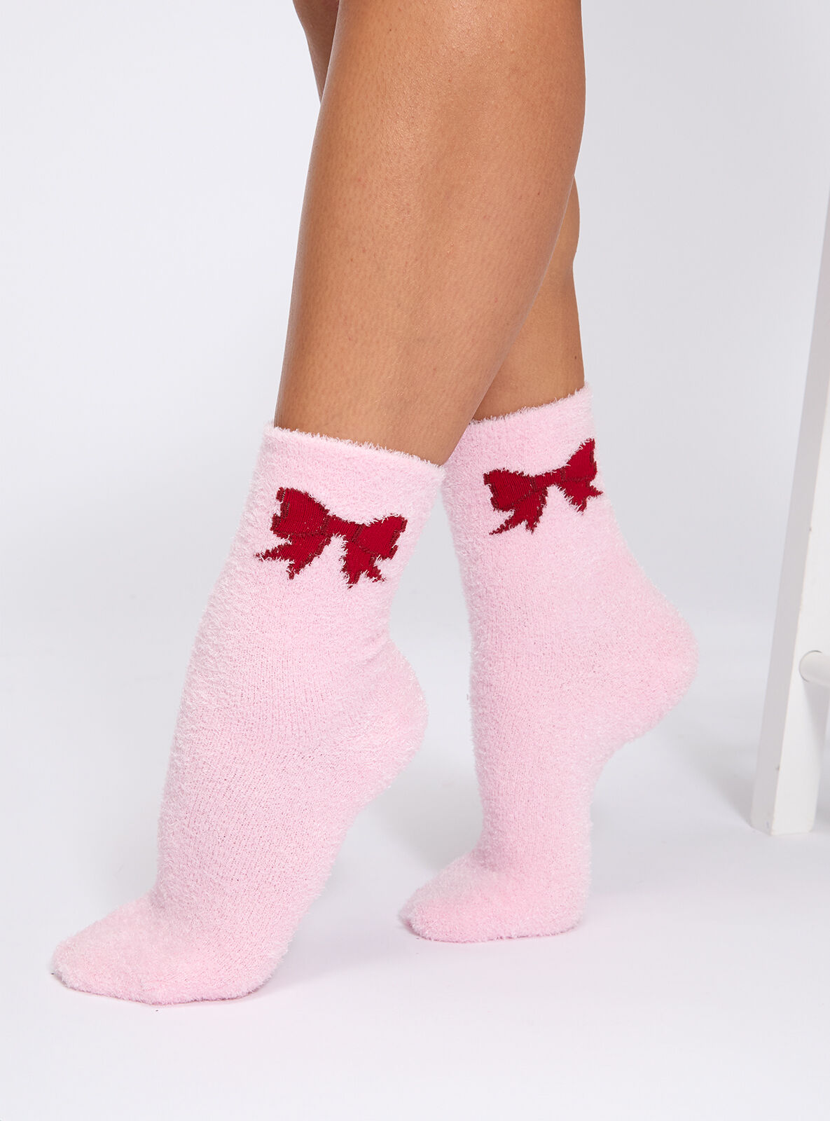 2 pack bow fluffy ankle socks - Red Mix