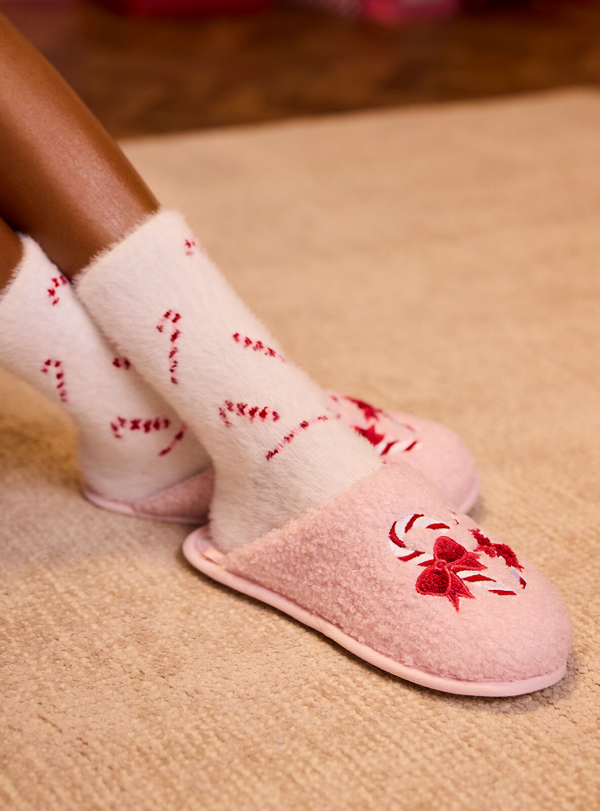 Candy cane fluffy ankle socks - Ivory Mix