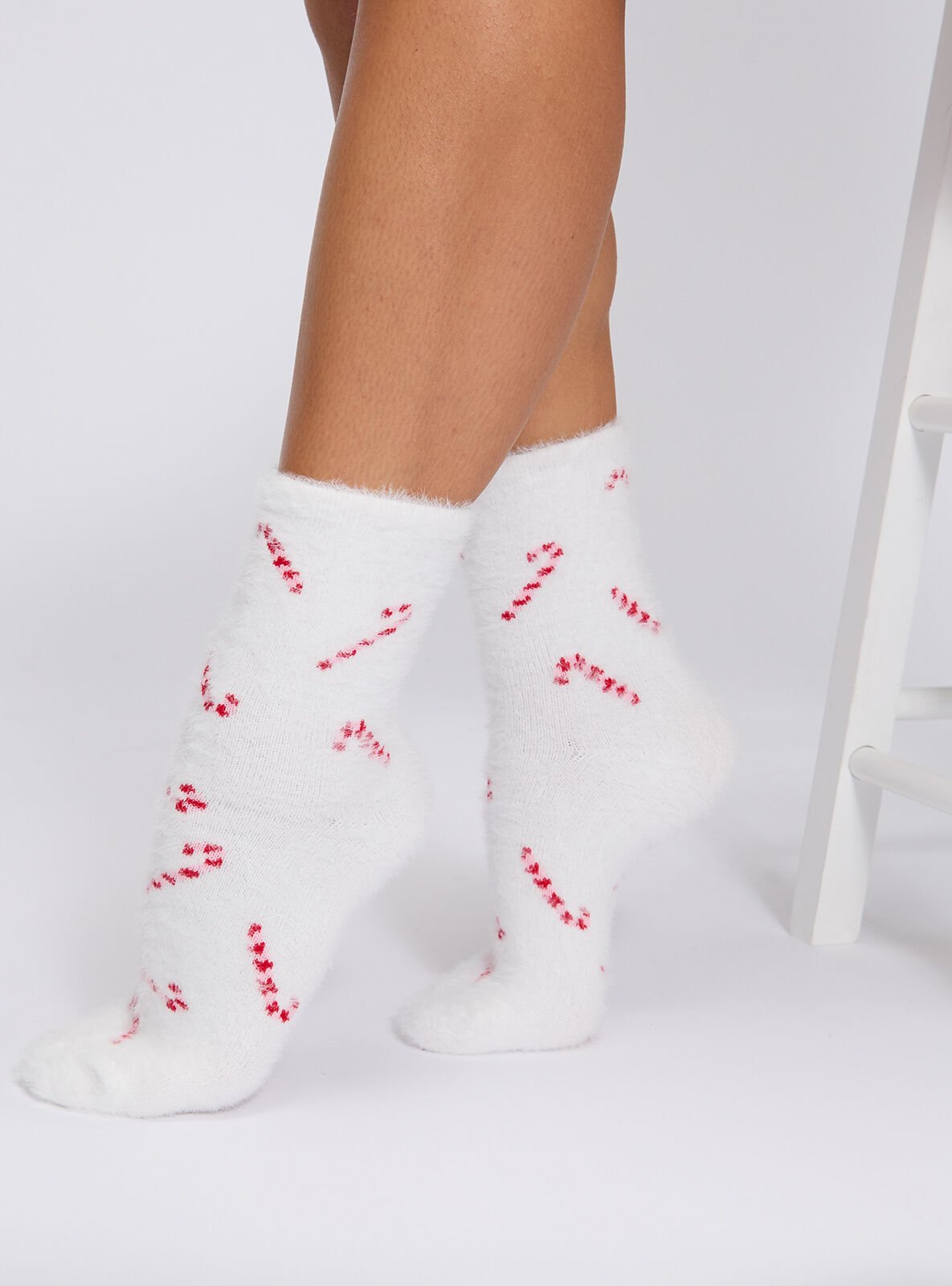 Candy cane fluffy ankle socks - Ivory Mix